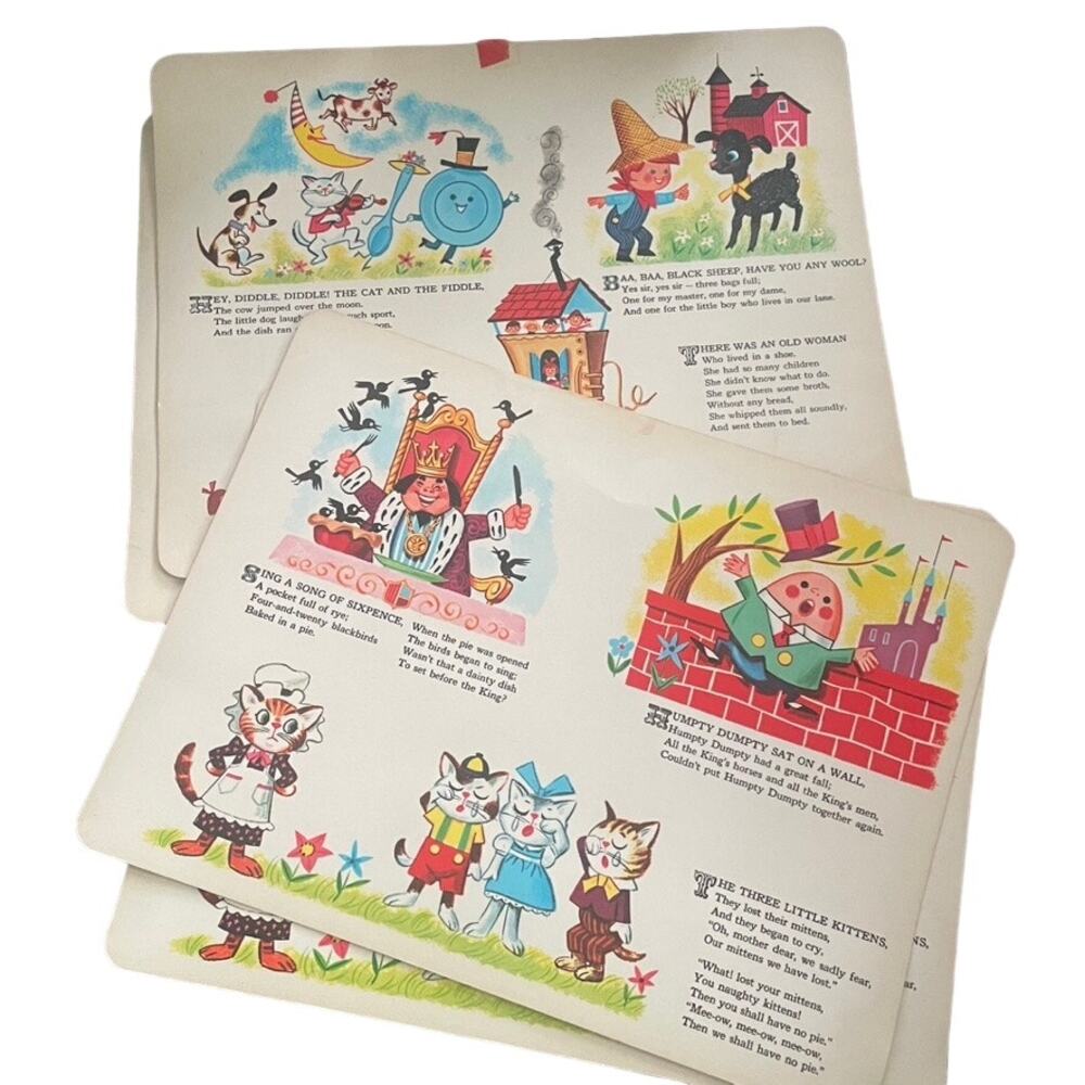 SET OF 4 1970s Vintage Storybook‎ Placemats Children Humpty Rose Cute